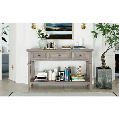 Classic Retro Style Console Table with Three Top Drawers and Open Style Bottom Shelf, Easy Assembly (Gray Wash)