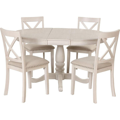 Modern Dining Table Set for 4, Round Table and 4 Kitchen Room Chairs, 5 Piece Kitchen Table Set for Dining Room, Dinette, Breakfast Nook, Antique White