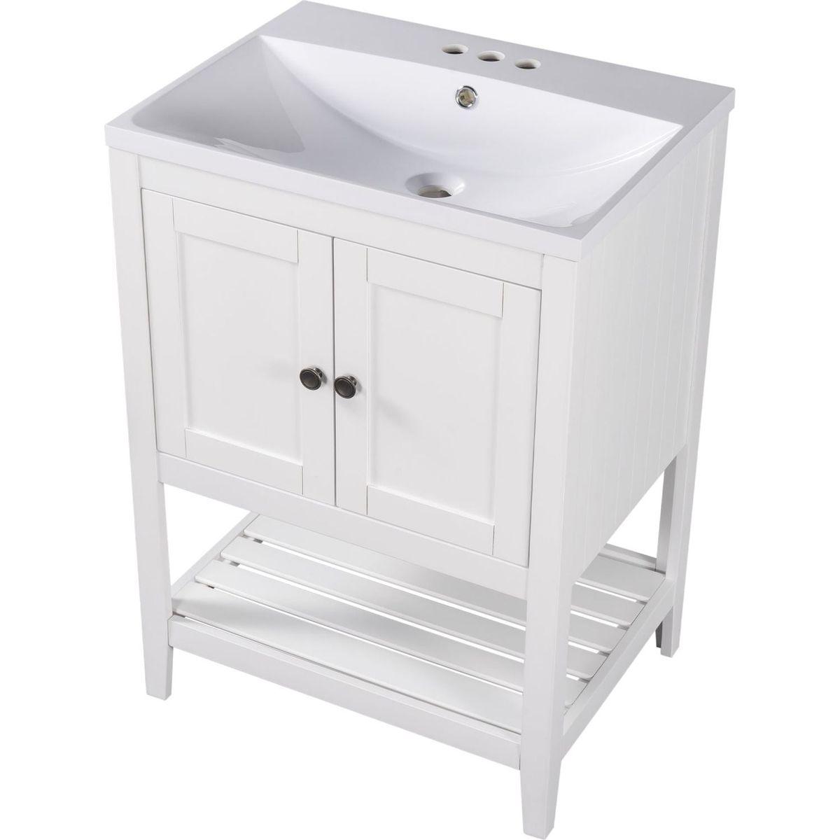 24" White Modern Sleek Bathroom Vanity Elegant Ceramic Sink with Solid Wood Frame Open Style Shelf