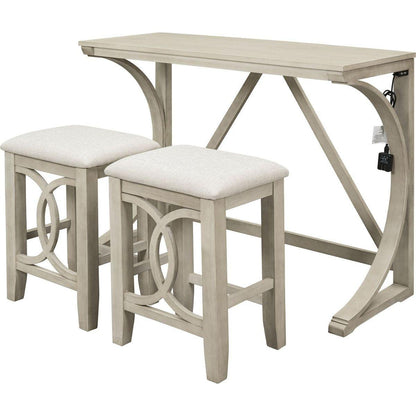 Farmhouse 3-Piece Counter Height Dining Table Set with USB Port and Upholstered Stools, Cream