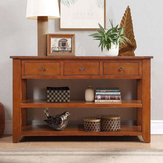 48" Solid Pine Wood Top Console Table, Modern Entryway Sofa Side Table with 3 Storage Drawers and 2 Shelves. Easy to Assemble (Brown)