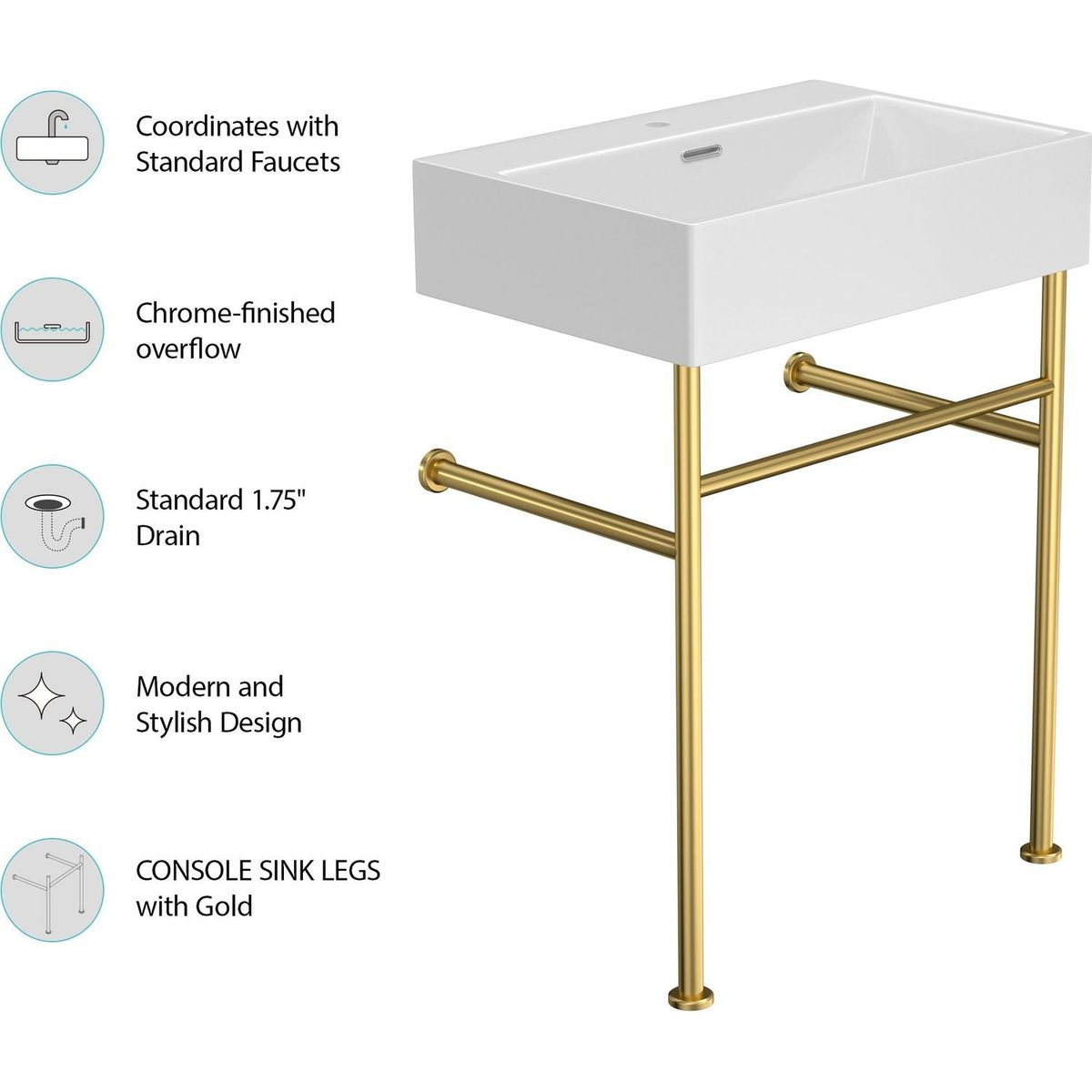 24" Bathroom Console Sink with Overflow, Ceramic Console Sink White Basin Gold Legs