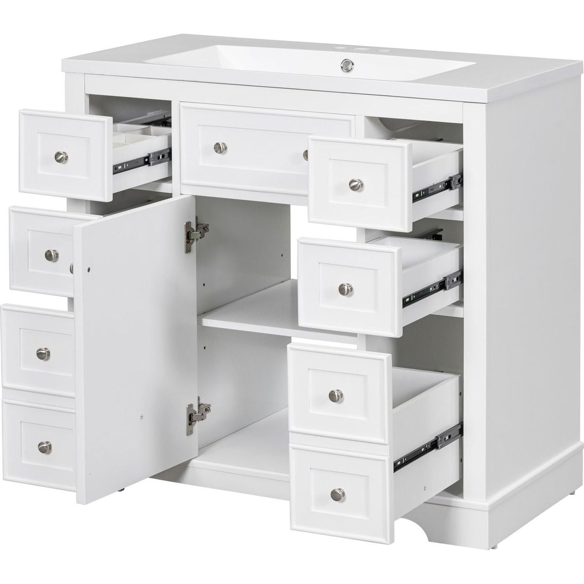 36" Bathroom Vanity with Sink Combo, One Cabinet and Six Drawers, Solid Wood and MDF Board, White