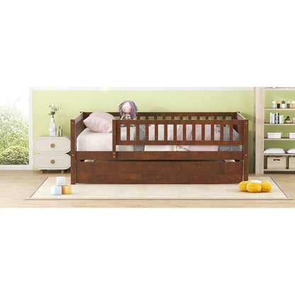 Full Size Wood Daybed with Trundle and Fence Guardrails, Walnut