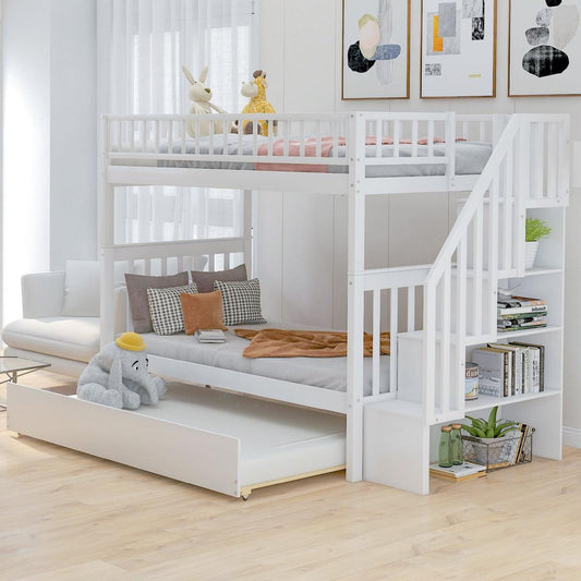 Twin over Twin Bunk Bed with Trundle and Storage, White - Streamdale Furniture