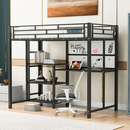 Twin Size Loft Bed with Desk and Whiteboard, Mental Loft Bed with 3 Shelves and Ladder, Black
