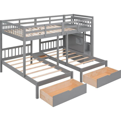 Full Over Twin & Twin Bunk Bed, Wood Triple Bunk Bed with Drawers and Guardrails (Gray)
