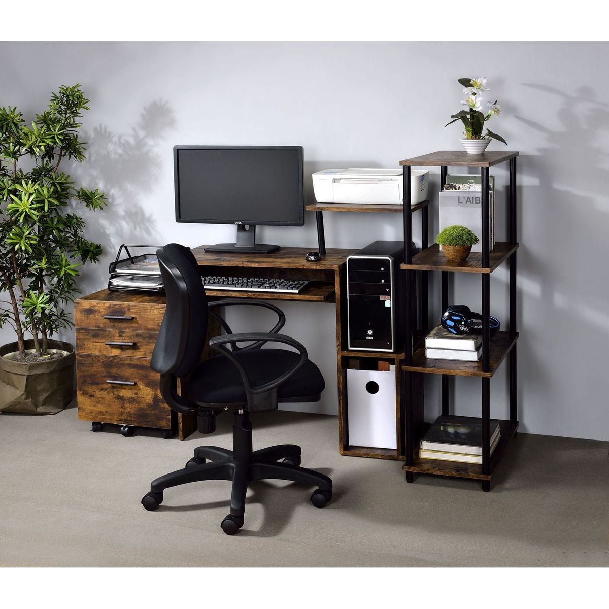 Lyphre Computer Desk, Weathered Oak & Black Finish