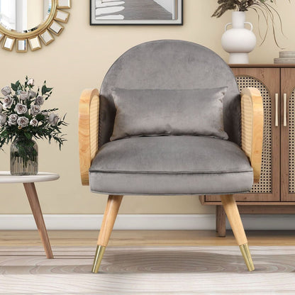 Amchair with Rattan Armrest and Metal Legs Upholstered Mid Century Modern Chairs for Living Room or Reading Room, Grey