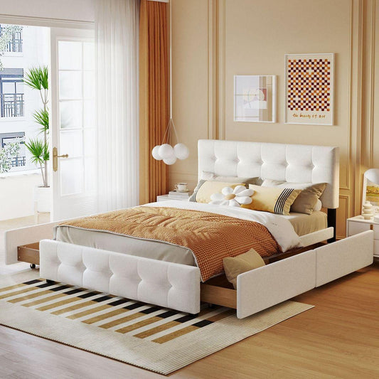 Upholstered Platform Bed with Classic Headboard and 4 Drawers, No Box Spring Needed, Linen Fabric, Queen Size White - Streamdale Furniture