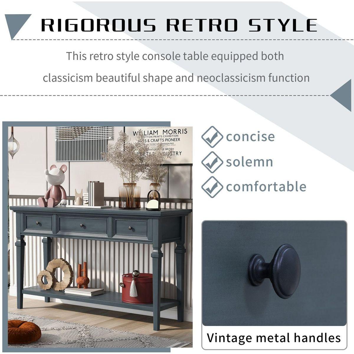 Classic Retro Style Console Table with Three Top Drawers and Open Style Bottom Shelf, Easy Assembly (Navy)