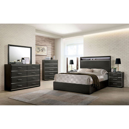 1x Nightstand Solid wood Warm Gray Sleek Modern Lines Chrome Trim Insert Contemporary Bedroom Furniture