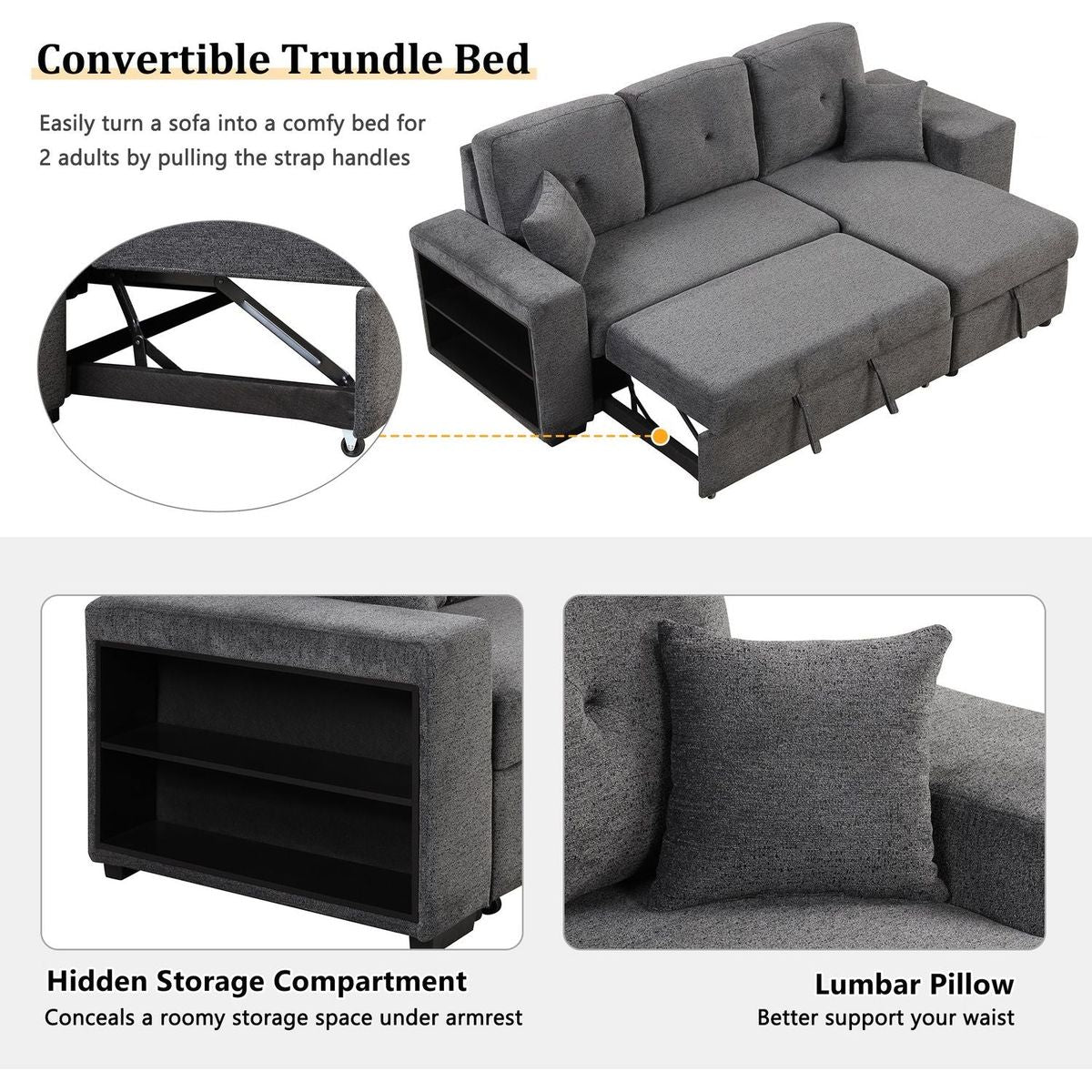 Reversible Sleeper Sectional Sofa Bed with Side Shelf and 2 Stools, Pull-Out L-Shaped Sofa Bed, Corner Sofa-Bed with Storage Chaise Left/Right Hande for Living Room, Blue Black