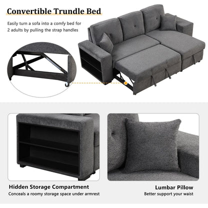 Reversible Sleeper Sectional Sofa Bed with Side Shelf and 2 Stools, Pull-Out L-Shaped Sofa Bed, Corner Sofa-Bed with Storage Chaise Left/Right Hande for Living Room, Blue Black