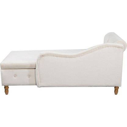 Beige Chaise Lounge Indoor, Velvet Lounge Chair for Bedroom with Storage & Pillow, Modern Upholstered Rolled Arm Chase Lounge for Sleeping with Nailhead Trim for Living Room Bedroom Office