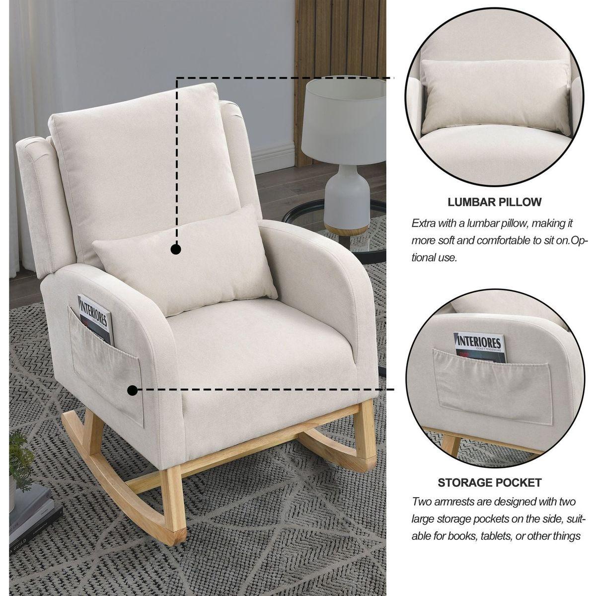 27.5" W Modern Accent High Back Living Room Casual Armchair Rocker with One Lumbar Pillow, Two Side Pockets.