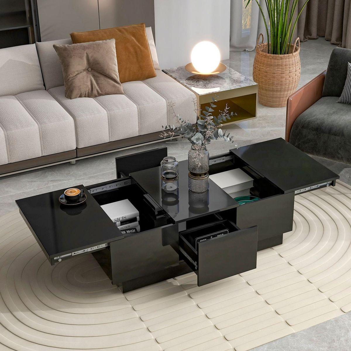 Multifunctional Coffee Table with 2 large Hidden Storage Compartment, Extendable Cocktail Table with 2 Drawers, High-gloss Center Table with Sliding Top for Living Room, 39.3"x21.6", Black