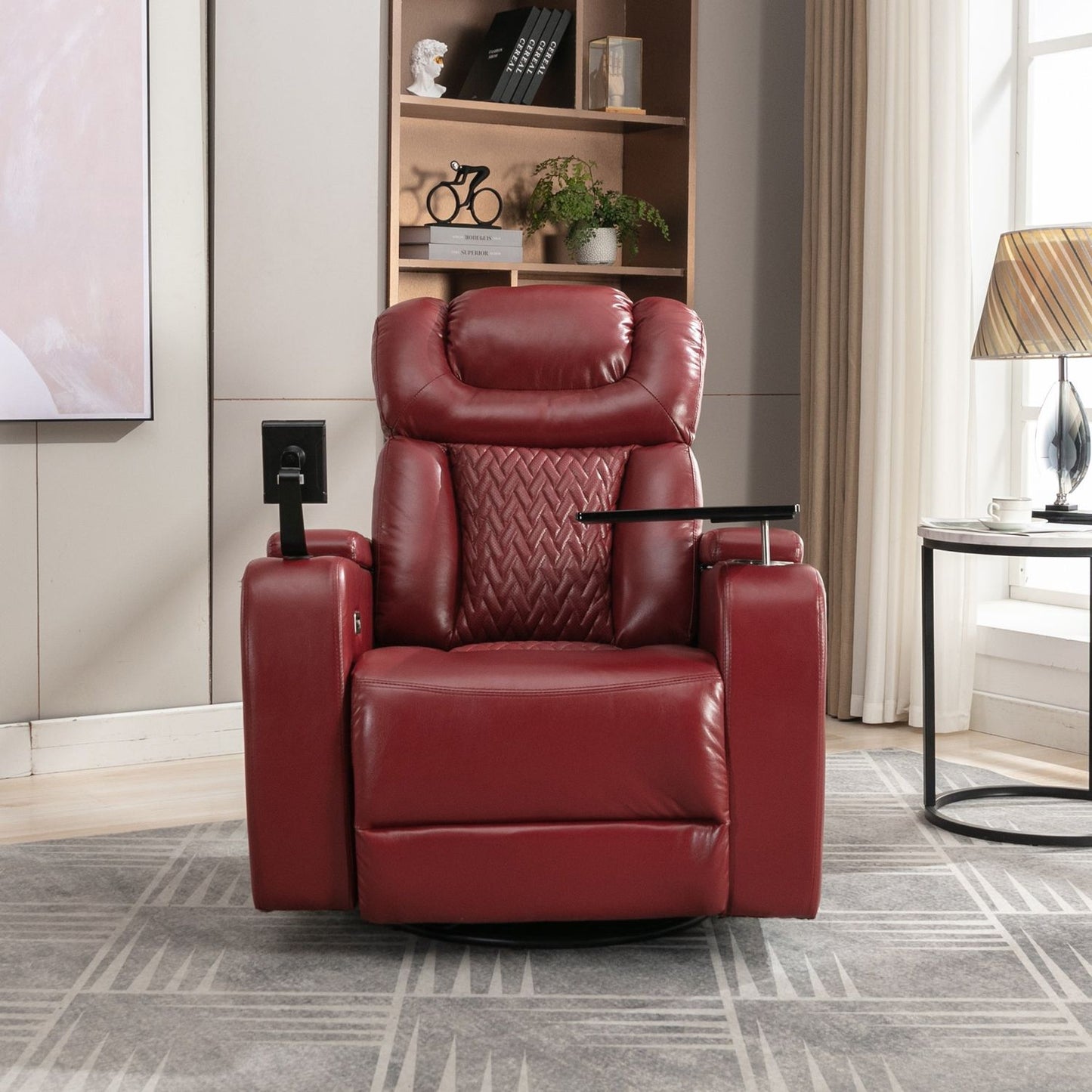 270 Degree Swivel PU Leather Power Recliner Individual Seat Home Theater Recliner with Comforable Backrest, Tray Table, Phone Holder, Cup Holder, USB Port, Hidden Arm Storage for Living Room, Red