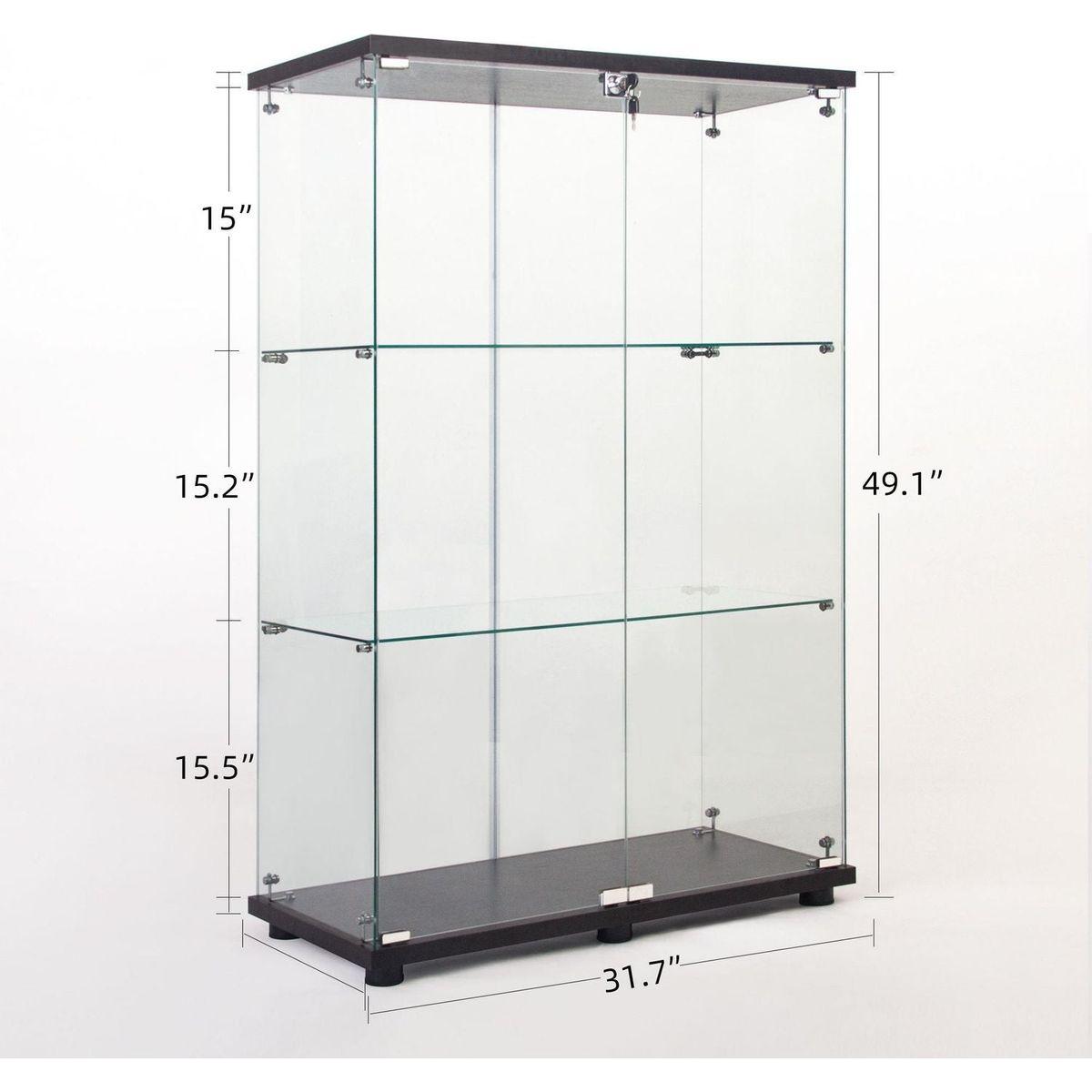 Two Door Glass Cabinet Glass Display Cabinet with 3 Shelves, Black - Streamdale Furniture