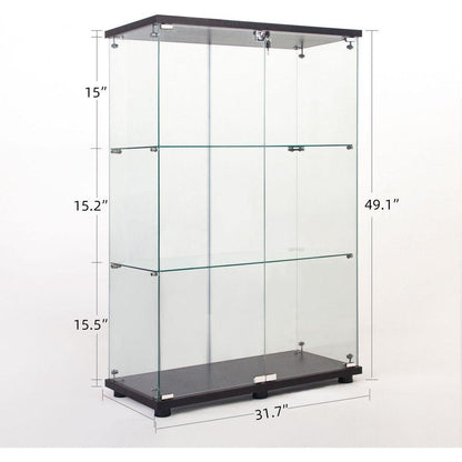 Two Door Glass Cabinet Glass Display Cabinet with 3 Shelves, Black - Streamdale Furniture