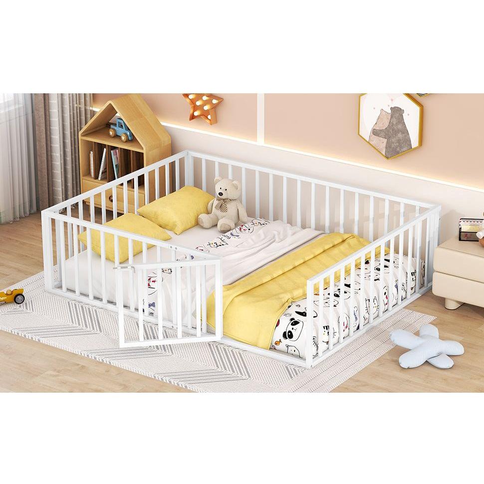 Queen Size Metal Floor Bed Frame with Fence and Door, White