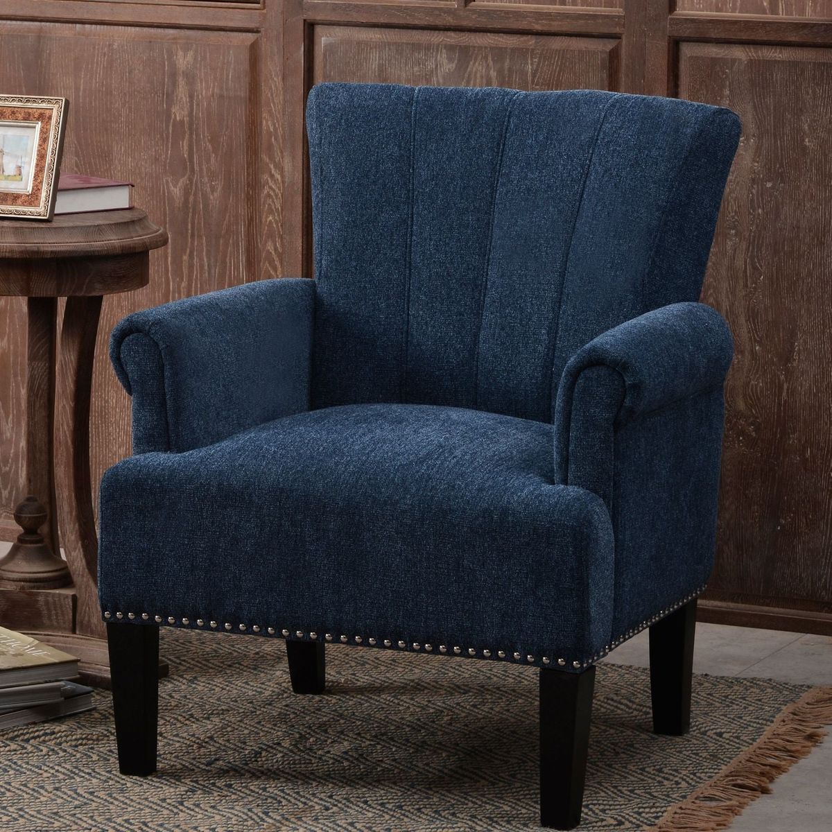 Accent Rivet Tufted Polyester Armchair, Navy Blue