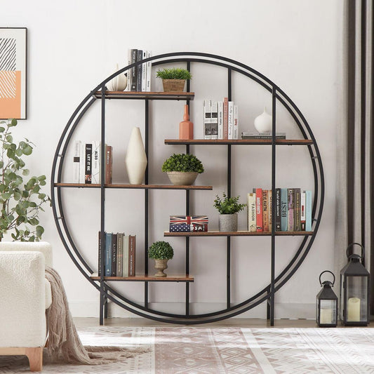 Round 5-Tier Metal Plant Stand bookcase storage rack, Indoor Living Room Terrace Garden Balcony Display Stand. Rustic Brown, 67" W x 11.8" D x 67" H.