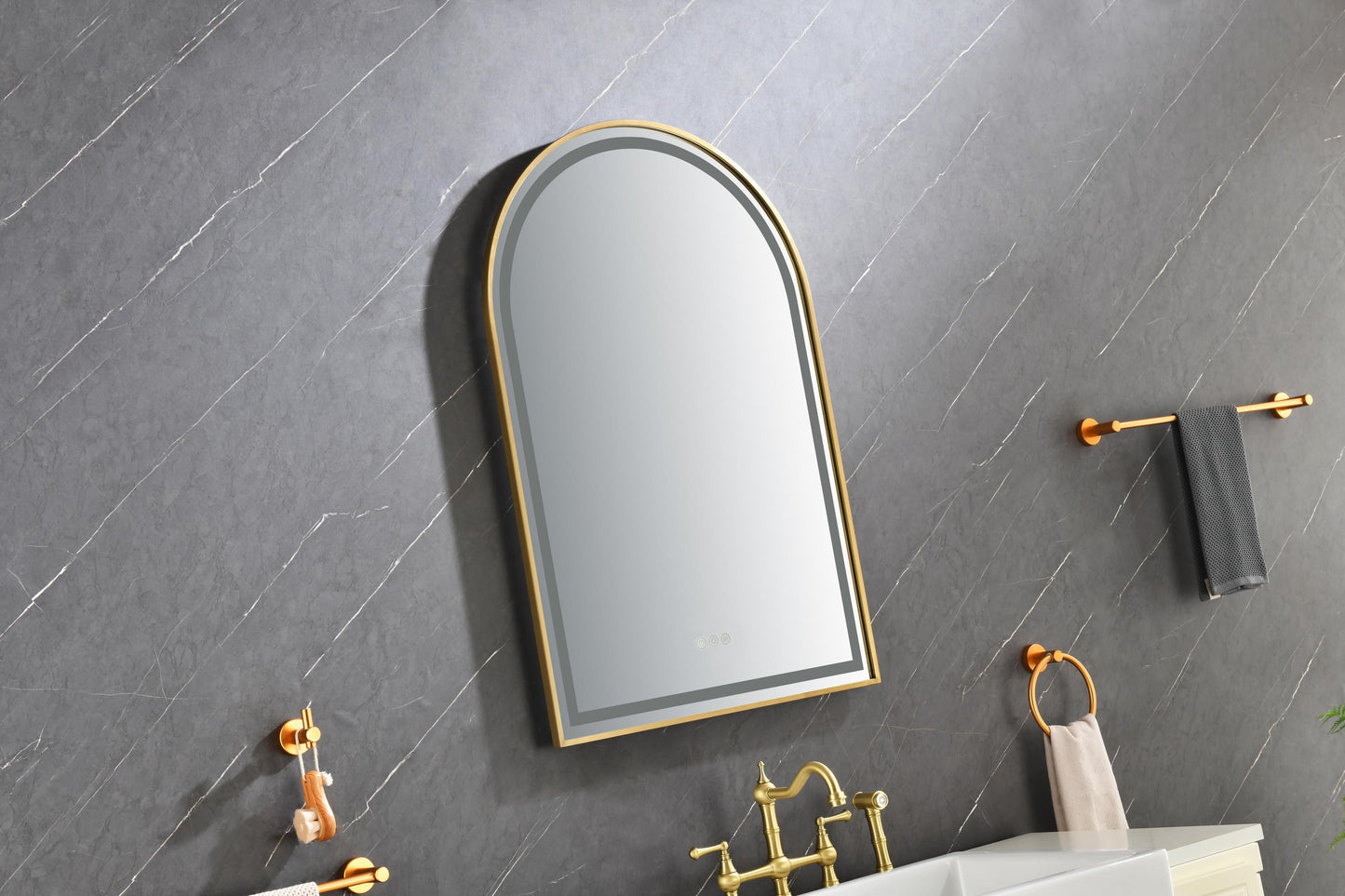 39in. W x 26in. H Oversized Rectangular Brushed Gold Framed LED Mirror Anti-Fog Dimmable Wall Mount Bathroom Vanity Mirror Wall Mirror Kit For Gym And Dance Studio