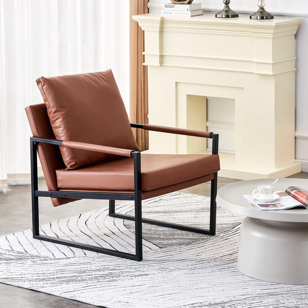 PU Leather Accent Arm Chair Mid Century Modern Upholstered Armchair with Metal Frame Extra-Thick Padded Backrest and Seat Cushion Sofa Chairs for Living Room (Brown PU Leather + Metal Frame + Foam)