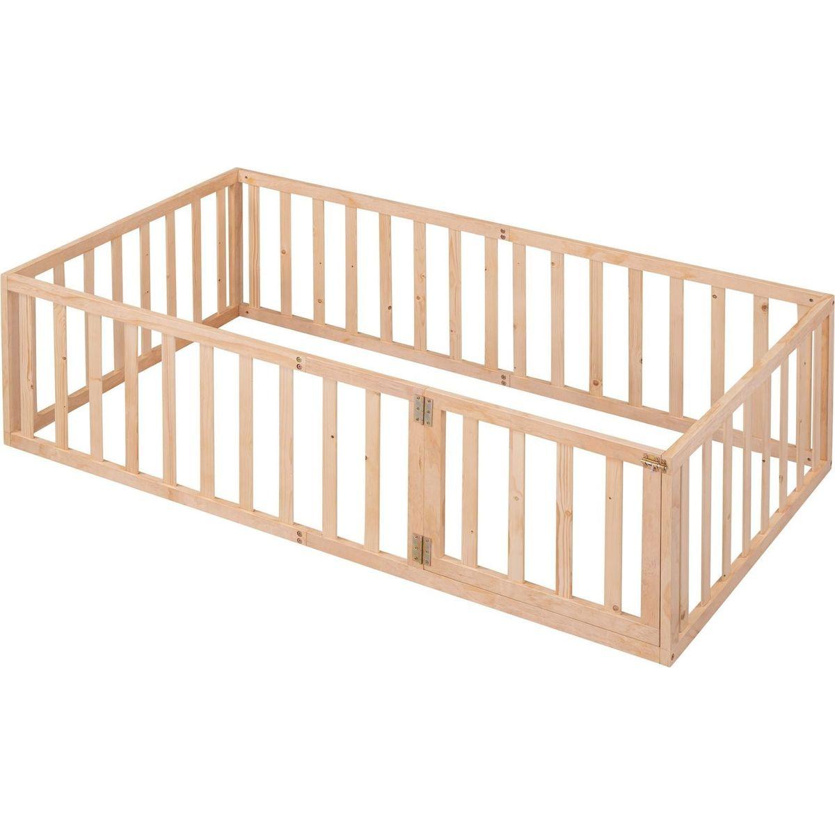 Twin Size Wood Floor Bed Frame with Fence and Door, Natural - Streamdale Furniture