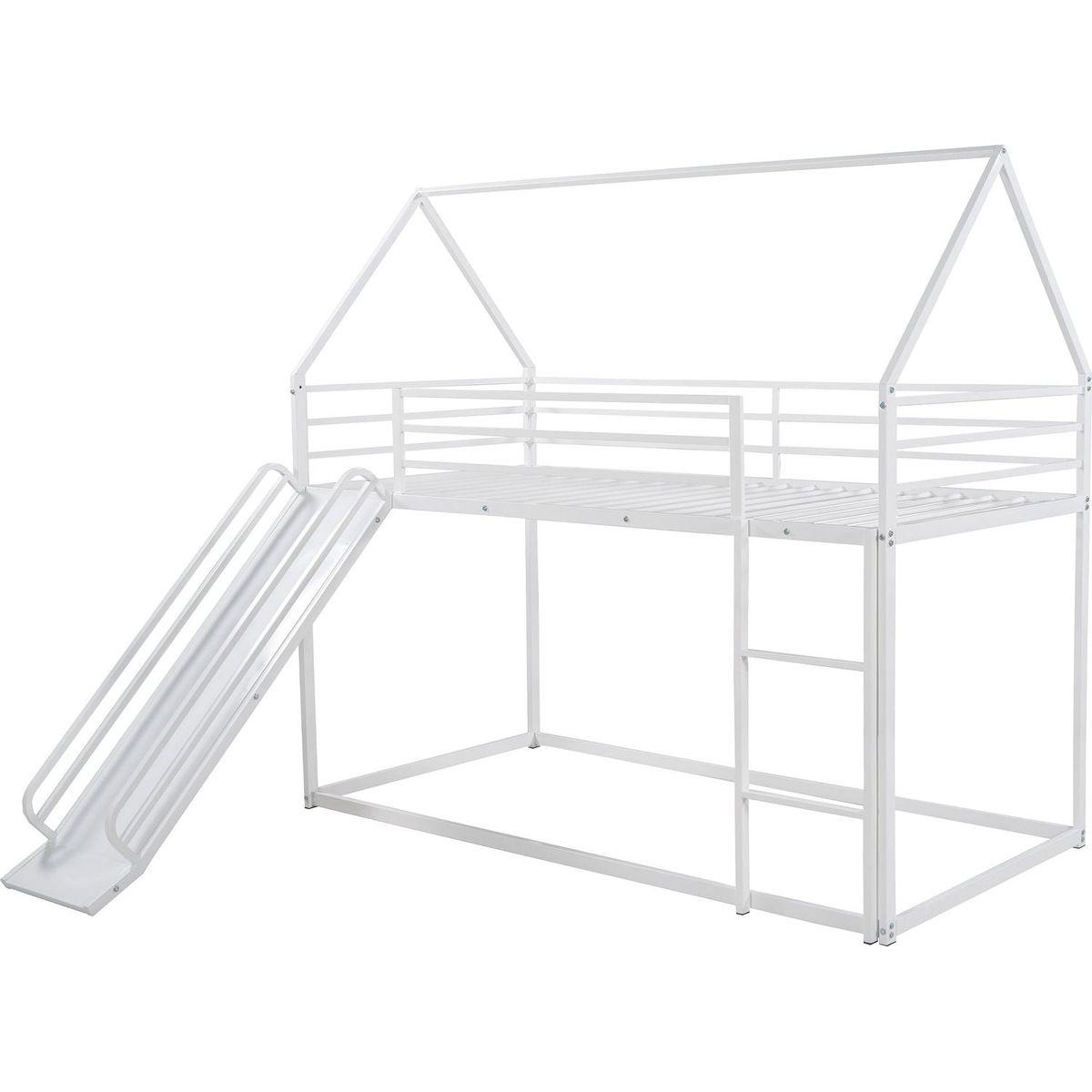 Twin over Twin House Bunk Bed with Ladder and Slide, White - Streamdale Furniture
