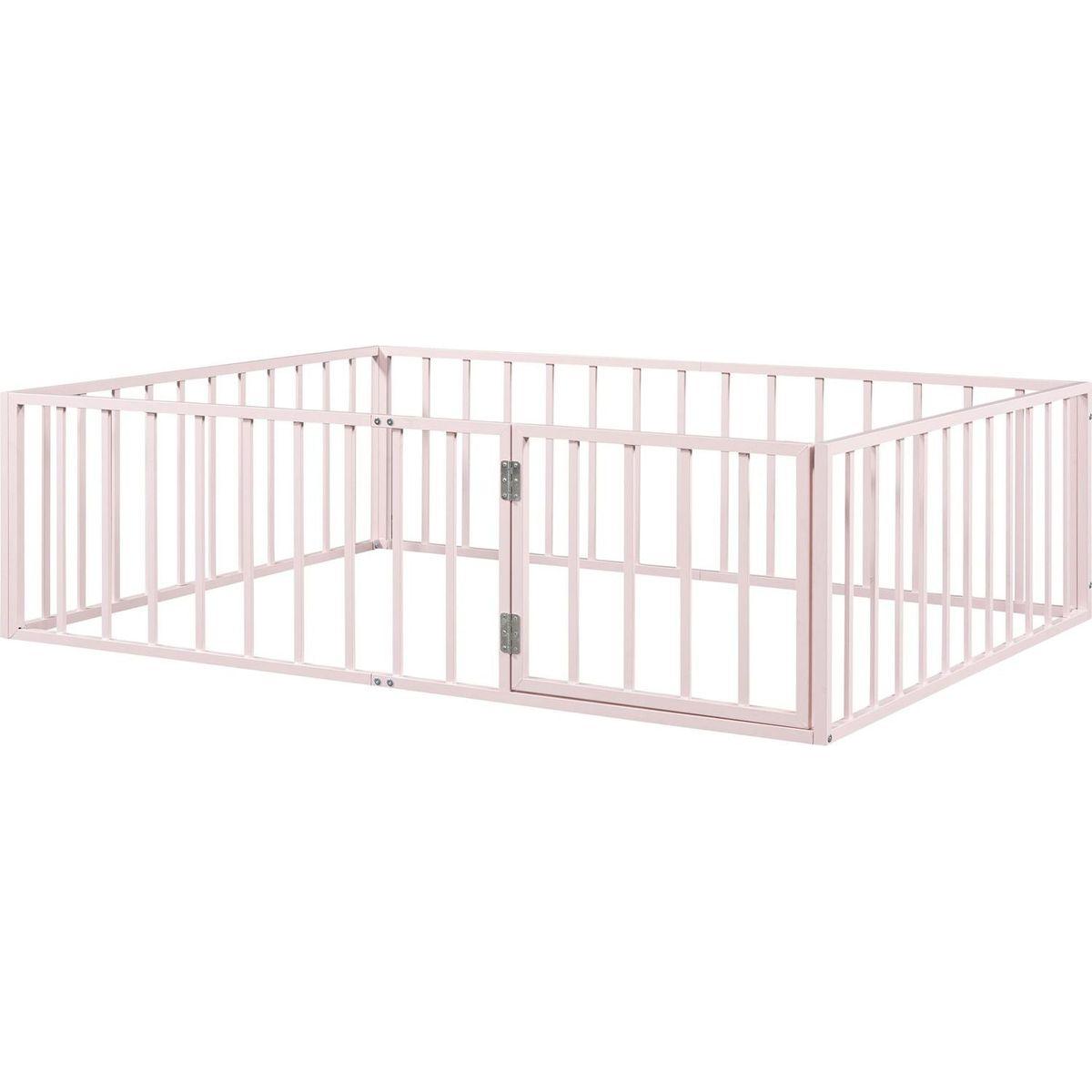 Full Size Metal Floor Bed Frame with Fence and Door, Pink