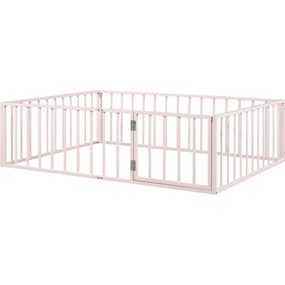 Full Size Metal Floor Bed Frame with Fence and Door, Pink