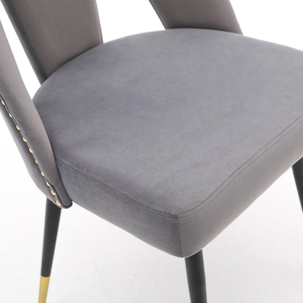 Akoya Collection Modern Contemporary Velvet Upholstered Dining Chair with Nailheads and Gold Tipped Black Metal Legs, Gray, Set of 2