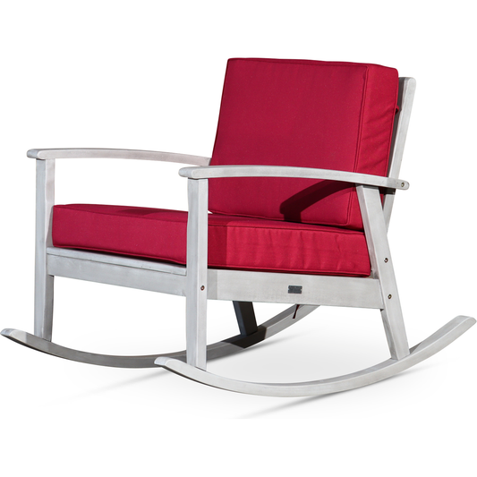 Eucalyptus Rocking Chair with Cushions, Silver Gray Finish, Burgundy Cushions