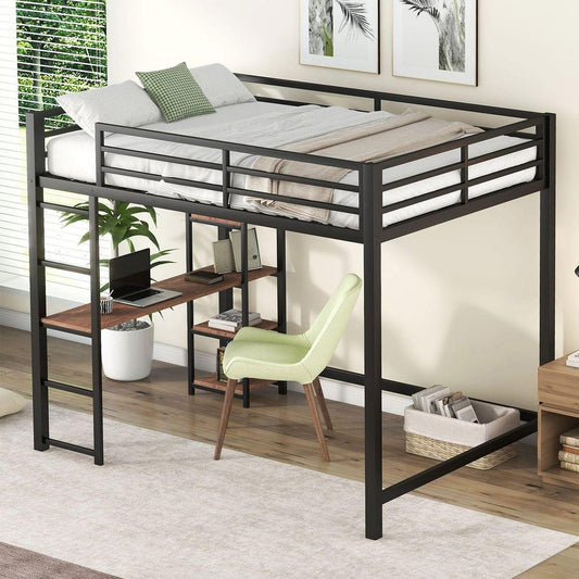 Full Size Metal Loft Bed with Built-in Desk and Storage Shelves, Black - Streamdale Furniture