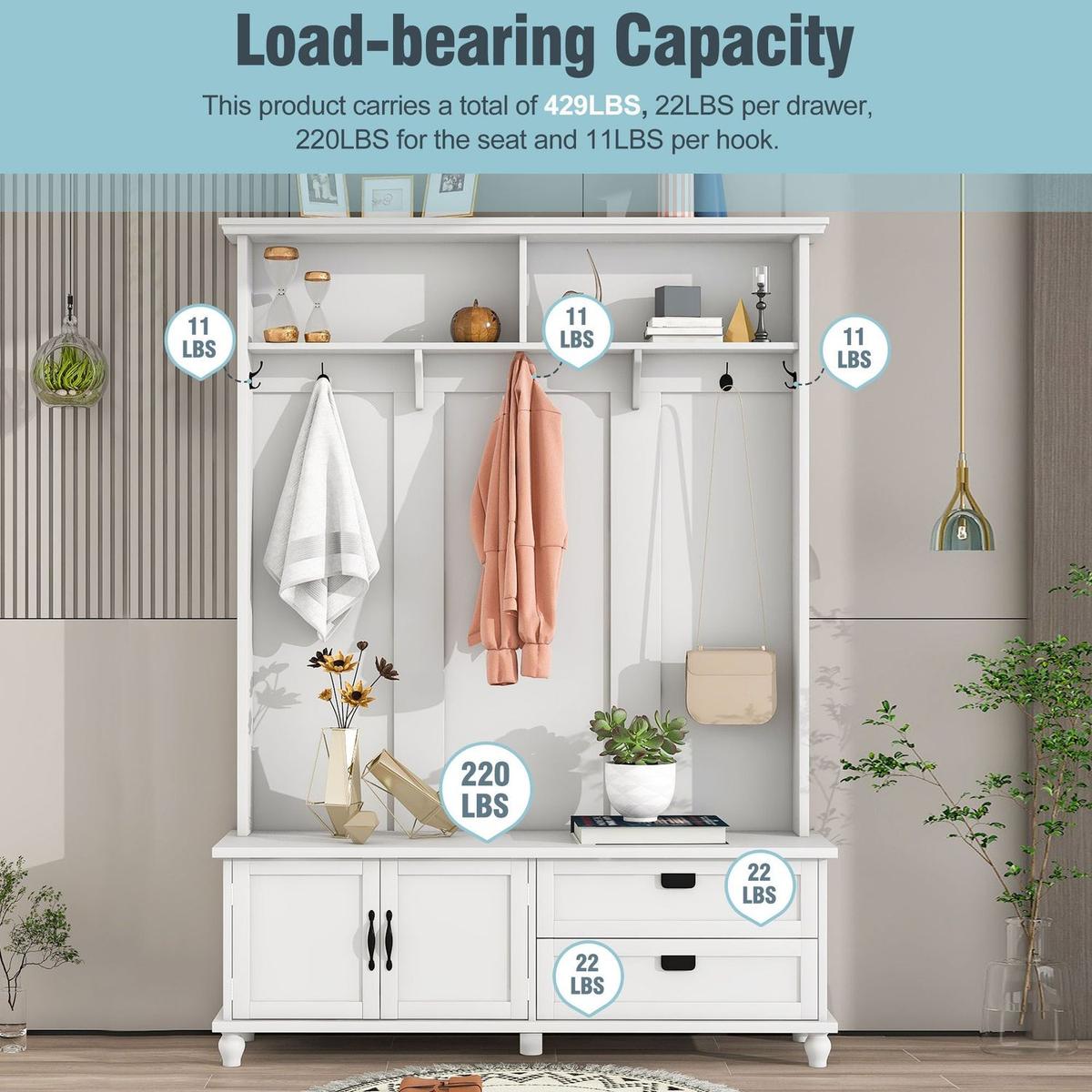 Modern Style Hall Tree with Storage Cabinet and 2 Large Drawers, Widen Mudroom Bench with 5 Coat Hooks, White