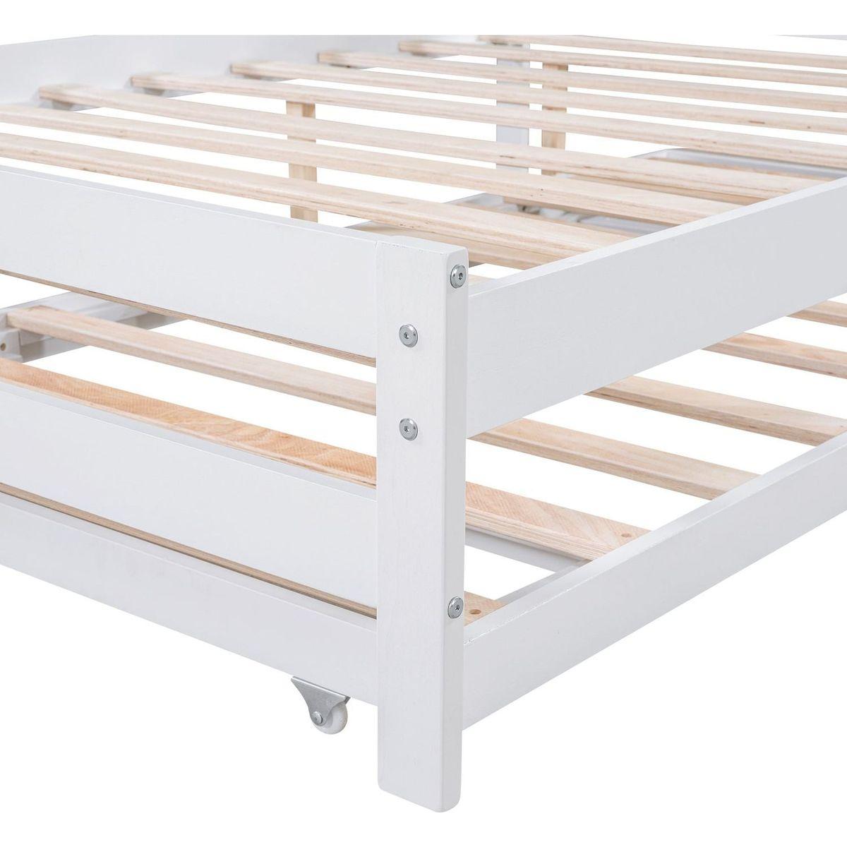 Full Size Platform Bed with Adjustable Trundle, White