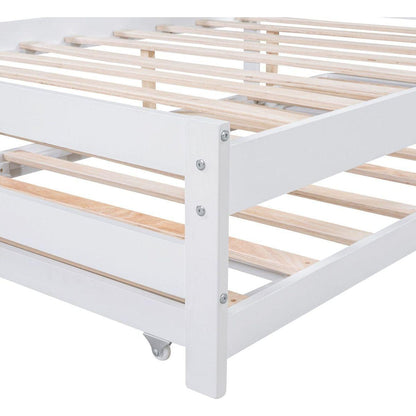 Full Size Platform Bed with Adjustable Trundle, White