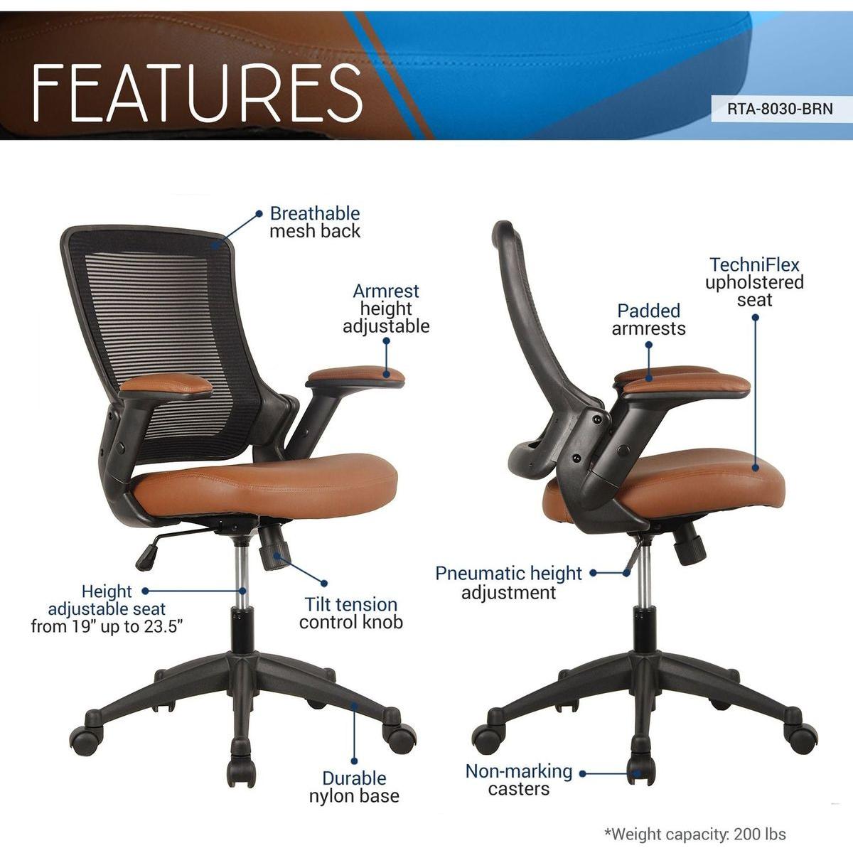 Mid-Back Mesh Task Office Chair with Height Adjustable Arms, Brown