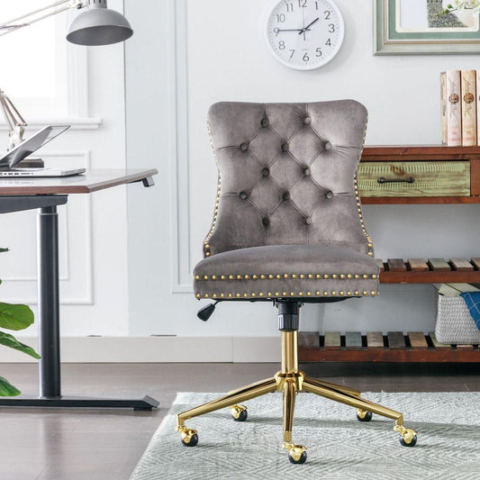 Office Chair,Velvet Upholstered Tufted Button Home Office Chair with Golden Metal Base,Adjustable Desk Chair Swivel Office Chair (Gray)