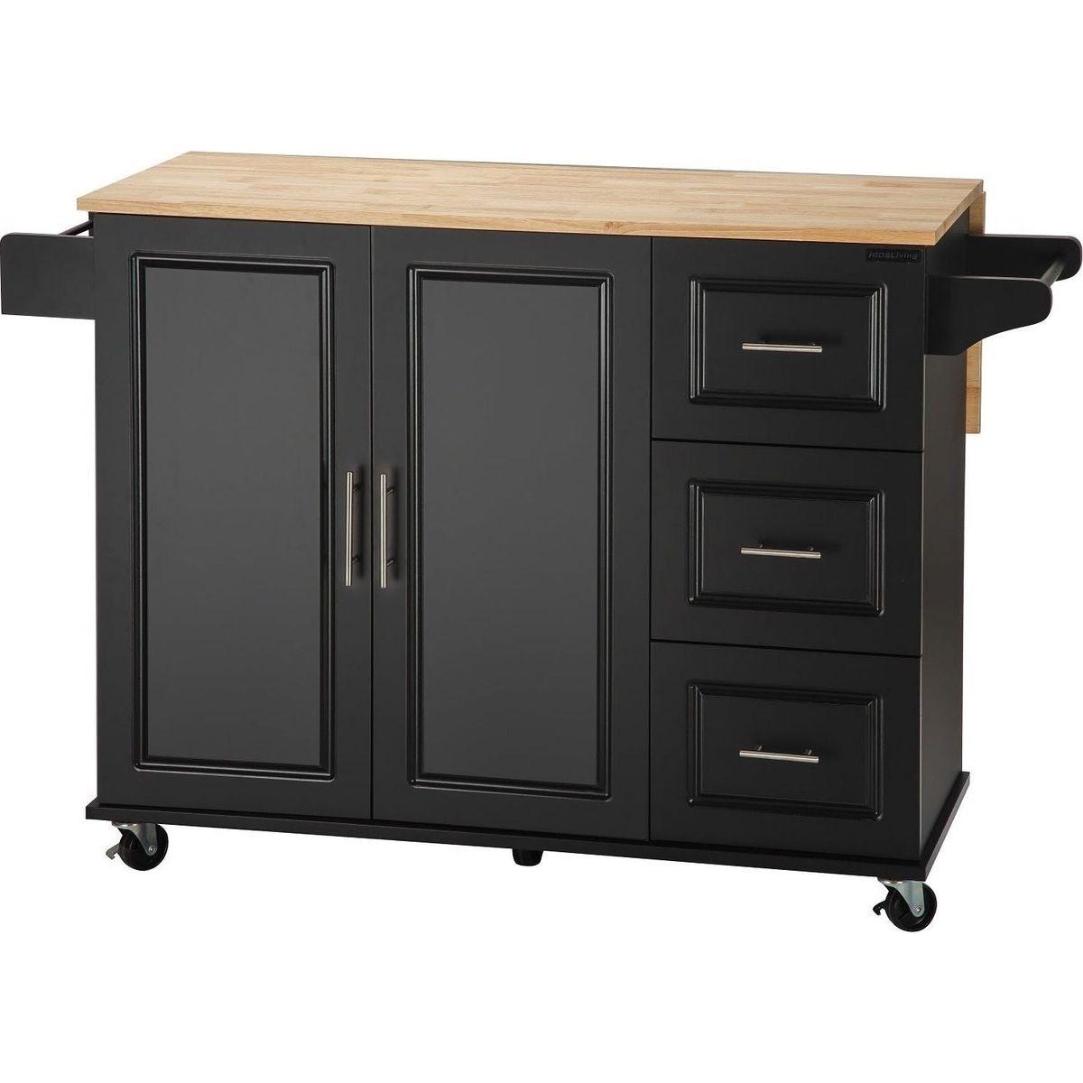 Kitchen Island & Kitchen Cart, Mobile Kitchen Island with Extensible Rubber Wood Table Top, adjustable Shelf Inside Cabinet, 3 Big Drawers, with Spice Rack, Towel Rack, Black-Beech .