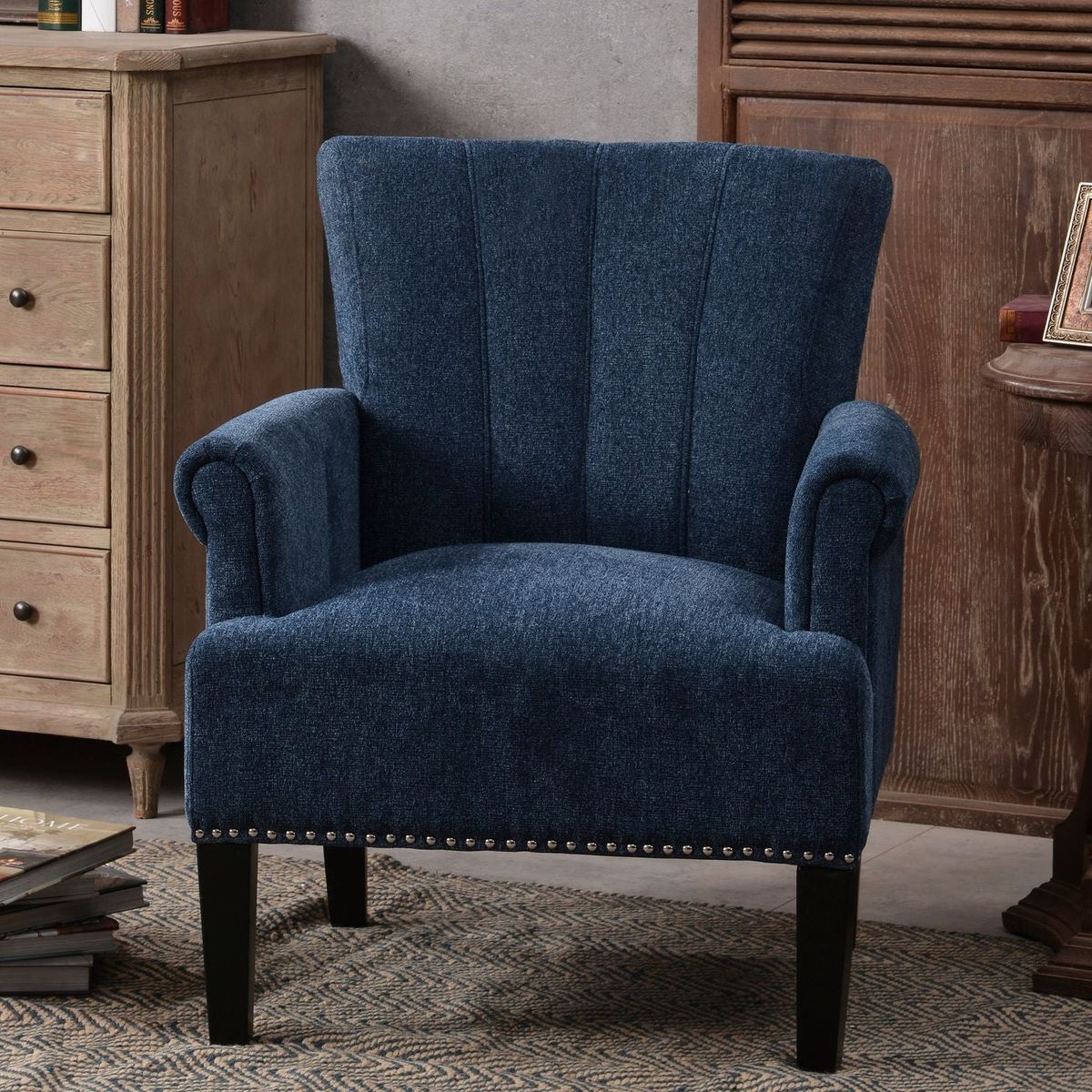 Accent Rivet Tufted Polyester Armchair, Navy Blue