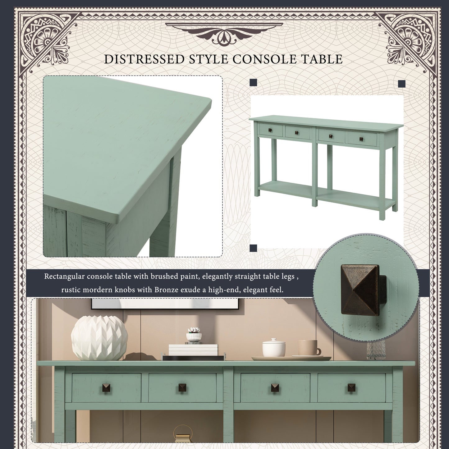 Rustic Brushed Texture Entryway Table Console Table with Drawers and Bottom Shelf for Living Room (Tiffany Blue)