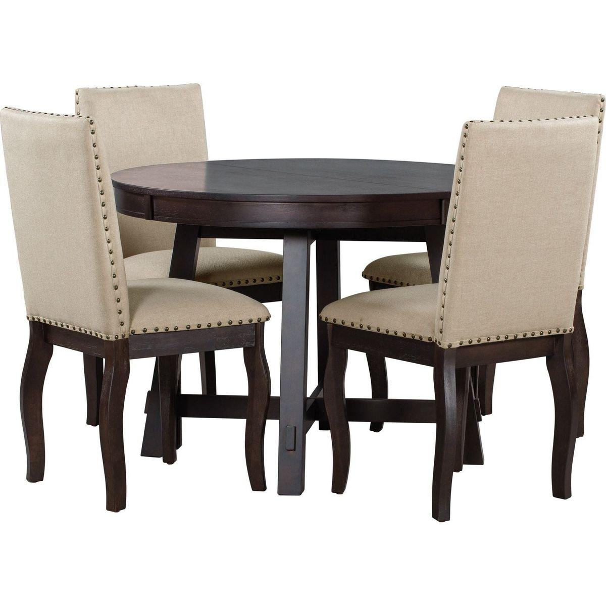 5-Piece Farmhouse Dining Table Set Wood Round Extendable Dining Table and 4 Upholstered Dining Chairs (Espresso)