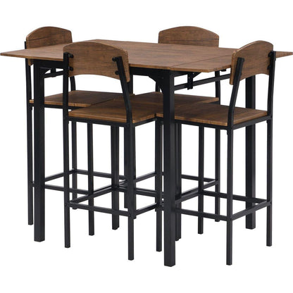 Farmhouse 5-piece Counter Height Drop Leaf Dining Table Set with Dining Chairs for 4, Black Frame+Brown Tabletop