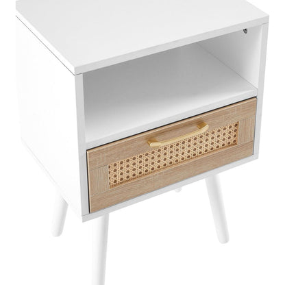 15.75" Rattan End table with drawer and solid wood legs, Modern nightstand, side table for living roon, bedroom, white