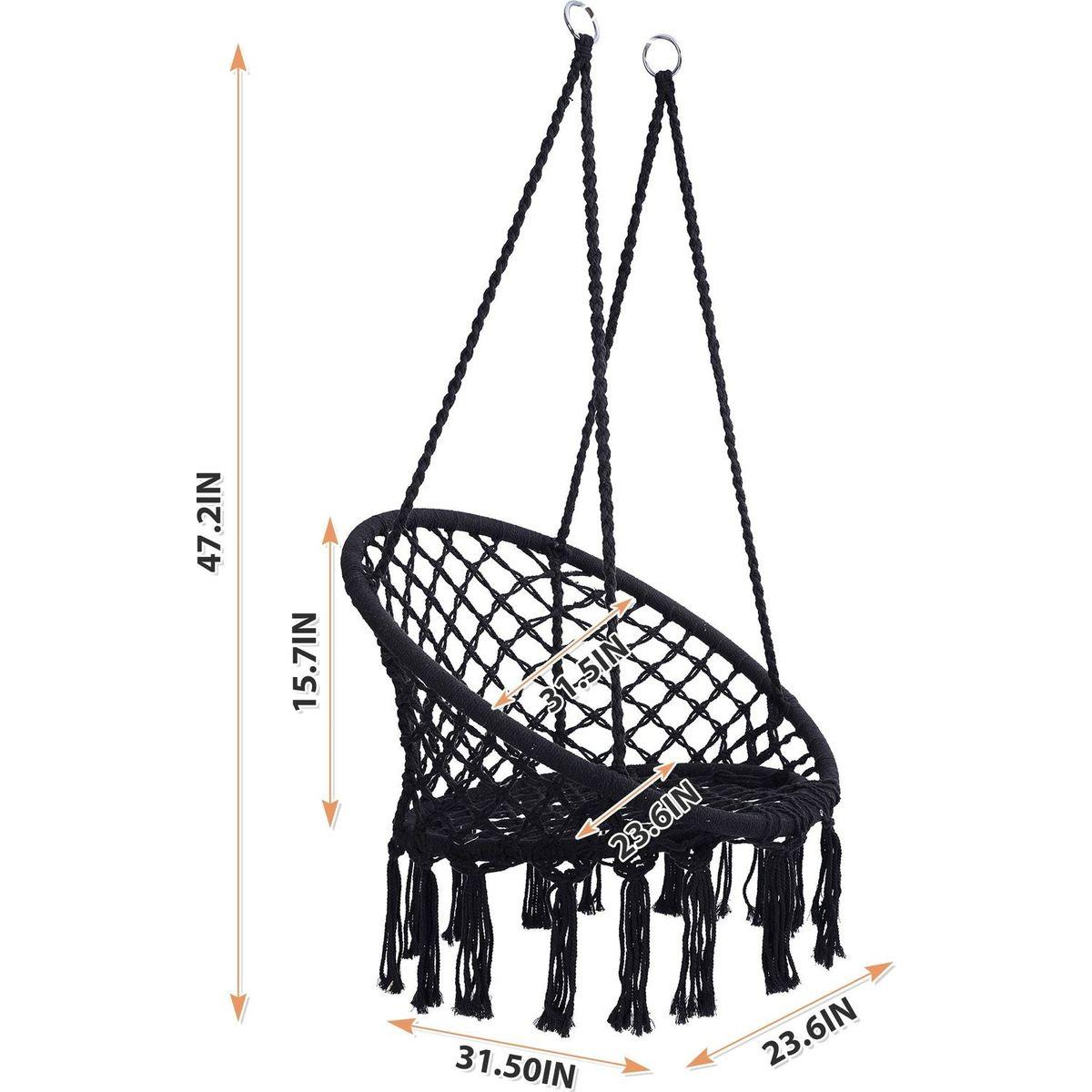 Black Swing, Hammock Chair Macrame Swing, Max 330 Lbs Hanging Cotton Rope Hammock Swing Chair for Indoor and Outdoor