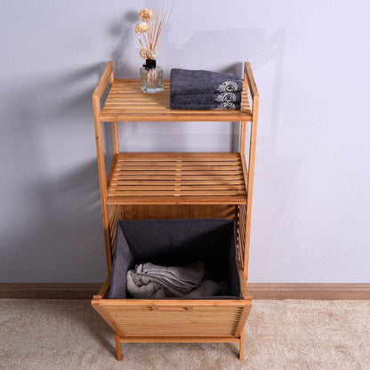 Bathroom Laundry Basket Bamboo Storage Basket with 2-tier Shelf 17.32 x 13 x 37.8 inch - Streamdale Furniture