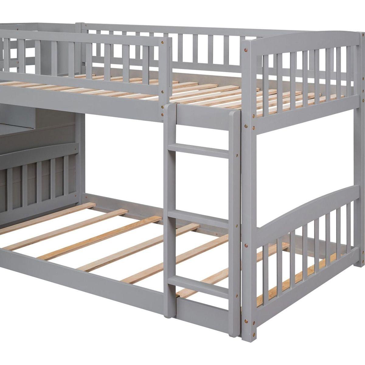 Stairway Twin over Twin Bunk Bed with Two Drawers and Slide, Gray